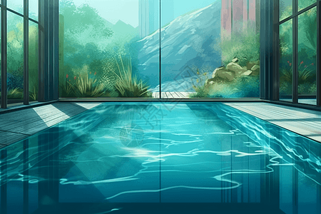 蓝色玻璃墙的泳池图片