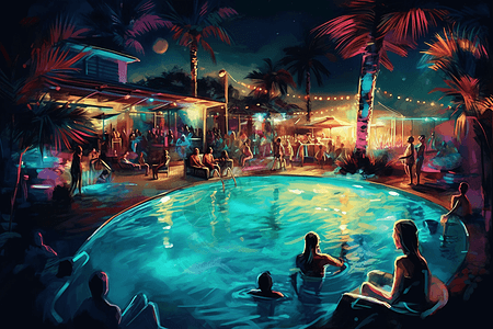 夜间泳池派对的艺术图片