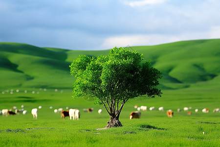 躺在草原上在大自然放牧的牛羊背景