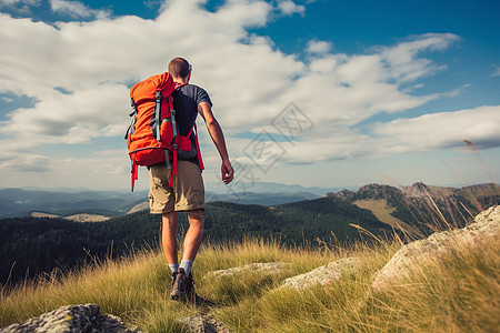 男性户外运动登山的背包客背景