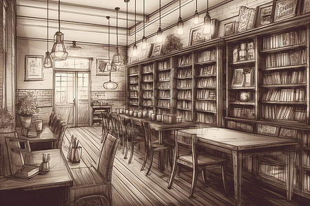 咖啡厅室内咖啡厅内的书架插画