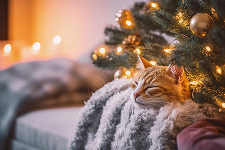 小猫在圣诞树旁边睡觉图片
