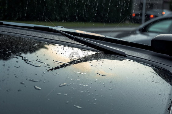 汽车挡风玻璃上的刮水器和雨滴图片