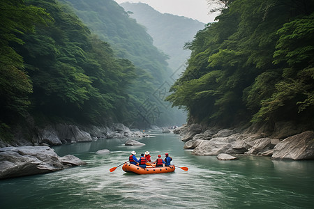 山谷漂流划船充气船高清图片