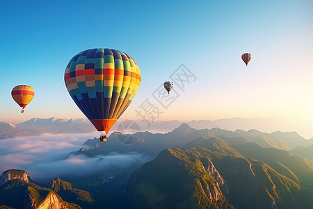 飞越山脉的热气球图片