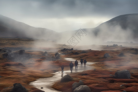 一群人走在地热谷中图片