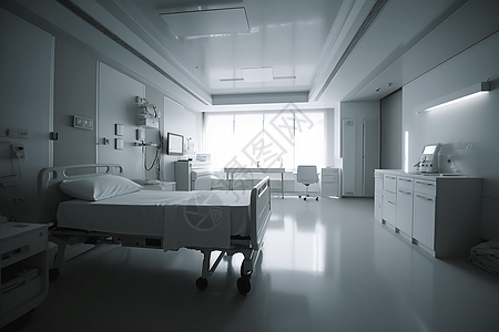 从空床的角度来看，一个闪闪发光的医院房间，配有闪亮的医疗机械和整齐的白色床上用品，被柔和的自然光照亮。，高清图片