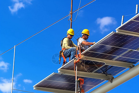 科技建筑安装太阳能电池板的工人背景