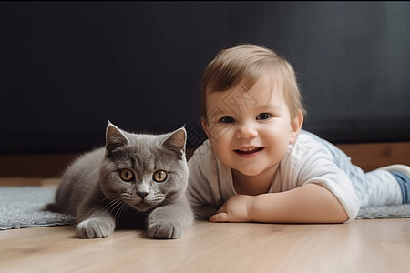 微笑的幼儿和小猫图片