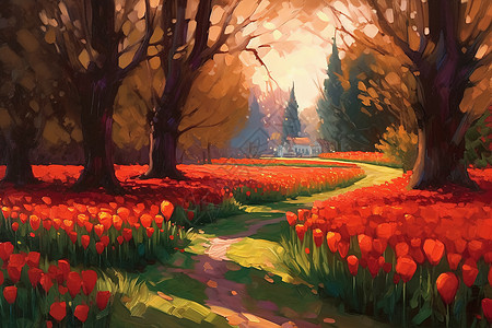 红色郁金香花园背景图片