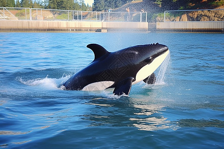 水族馆表演虎鲸在表演跳出水面背景