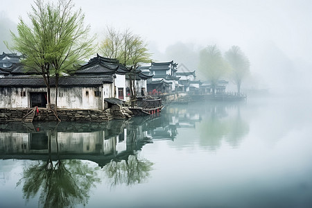 江南烟雨古镇的烟雨背景