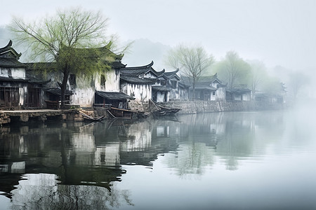 烟雨古镇古镇的水倒影背景