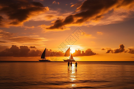 帆船剪影海边旅游度假背景