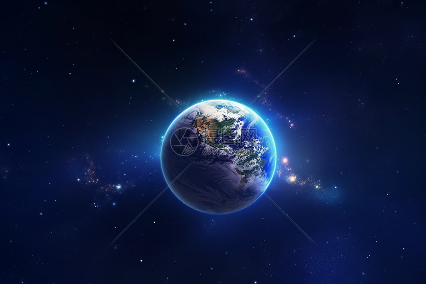 浩瀚的宇宙中蓝色发光的地球图片