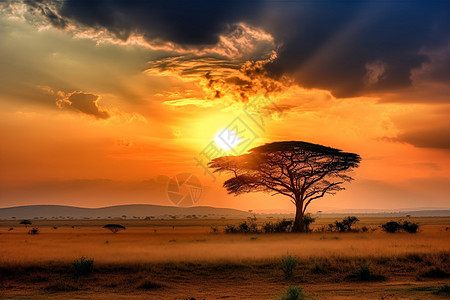 非洲大草原日落日落的非洲大草原背景