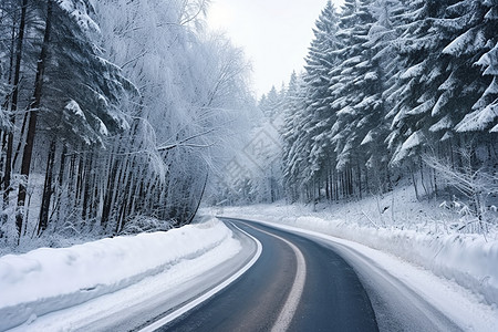 森林道路覆盖着雪的道路背景