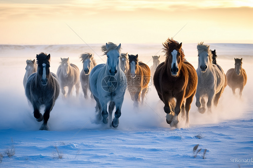 冬天雪地奔驰的骏马图片