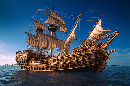 古老的木制帆船在海水上航行图片