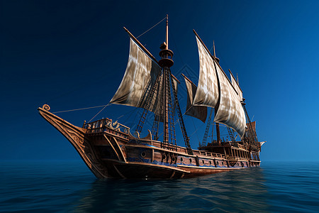 一艘古老的帆船漂浮在蓝色的天空中图片