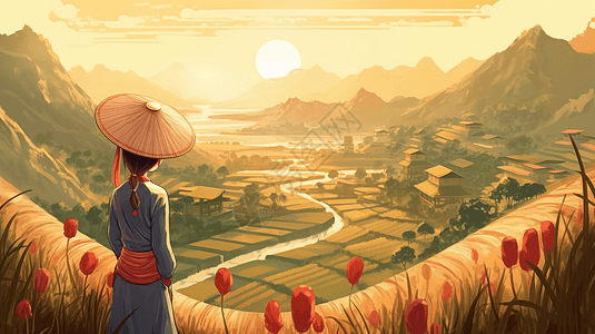 一个穿梭在稻田里看远处风景的女孩图片