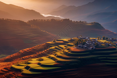 梯田红色的高山和土地背景