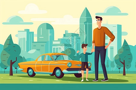 父亲和儿子在城市公园游玩背景图片