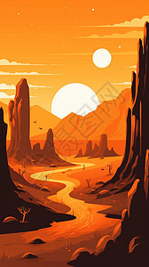 橙色背景下的沙丘和岩层图片
