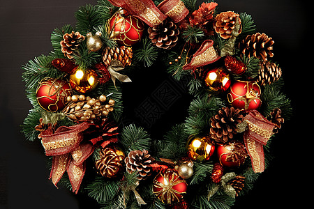 用松果和装饰品装饰的圣诞花环图片