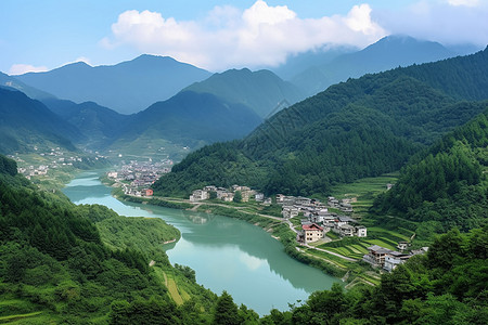 峡谷河流风景山脚下河边人家背景