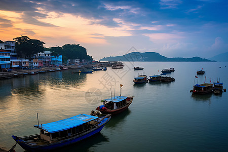 城市在海停泊在海面上的渔船背景