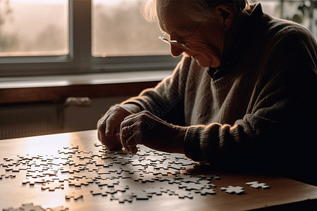 在家中玩拼图的老人高清图片