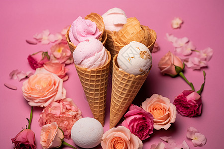 手工冰淇淋和鲜花图片