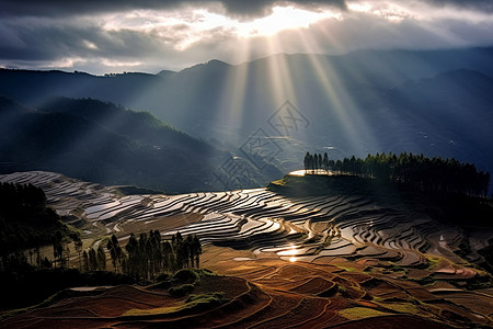 美丽的日出梯田风景图片