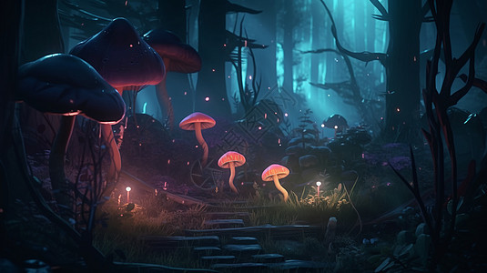 黑暗的森林里发光的神秘蘑菇图片