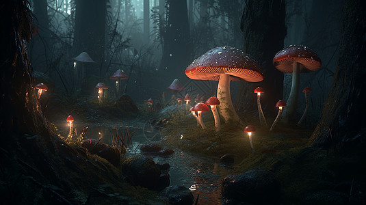 黑暗的森林与发光的蘑菇图片