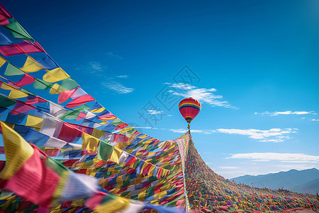 彩旗挂饰蓝蓝天空下的经幡背景