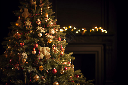 一棵圣诞树在壁炉前图片
