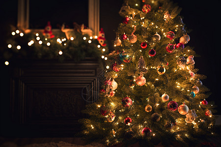 带有灯光和装饰的圣诞树图片