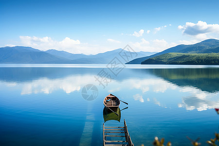 清澈的湖水在湖面上泛舟背景