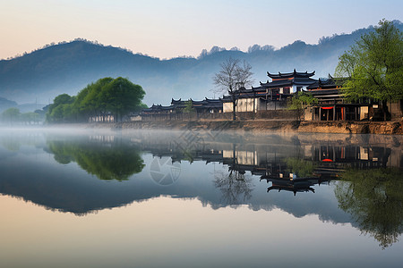 湖边的古老建筑图片