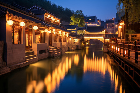 文旅小镇河边小镇夜景背景