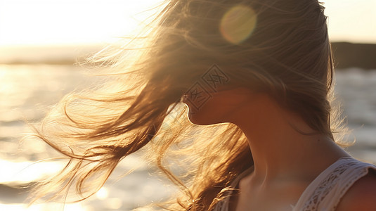 朦胧日光下女人在海风中飘逸的长发图片