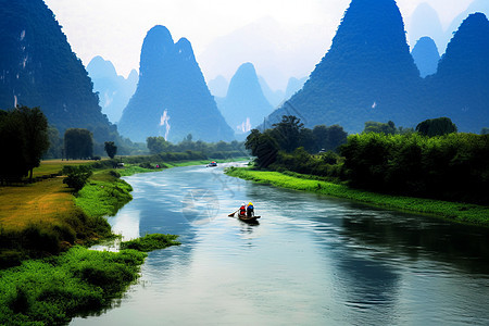在河上漂流的竹筏图片