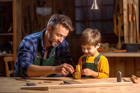 家庭DIY爸爸教孩子制作木工背景