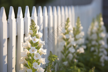 乡村白色栅栏旁的铃兰白色小花图片