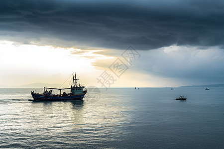 阴天海面海平面有渔船背景