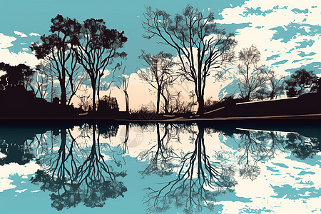 水中反射的树木背景图片