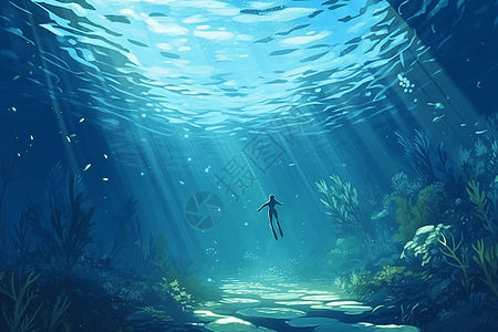 海底冒险水下游泳并探索插画