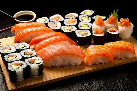 木盘上的三文鱼寿司背景图片